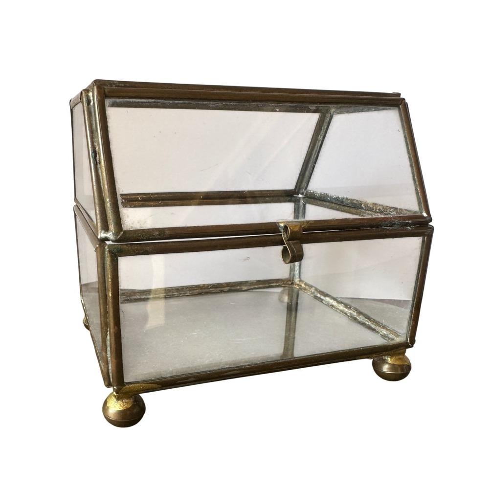 Vintage Brass and Glass Footed Trinket Jewelry Box Terrarium Display Case